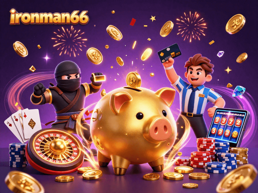 ironman66 showcases a dynamic gaming scene with a golden piggy bank sumo wrestler, wallet-ninja, and credit-card samurai.