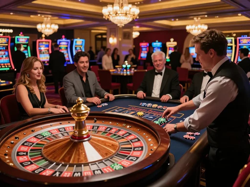 O8 players engaging in an exciting roulette game at a luxury casino, capturing the thrill of gambling.