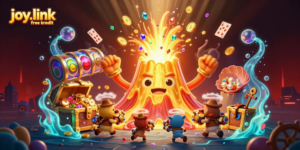 Spin the reels with joy.link free kredit while winning treasures in a vibrant animated casino scene.