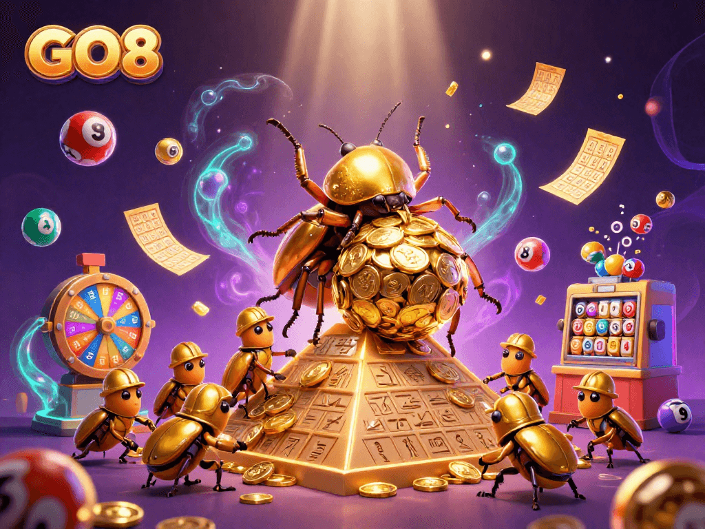 Engaging GO8 scene featuring golden beetles amidst exciting casino elements and shimmering treasures.