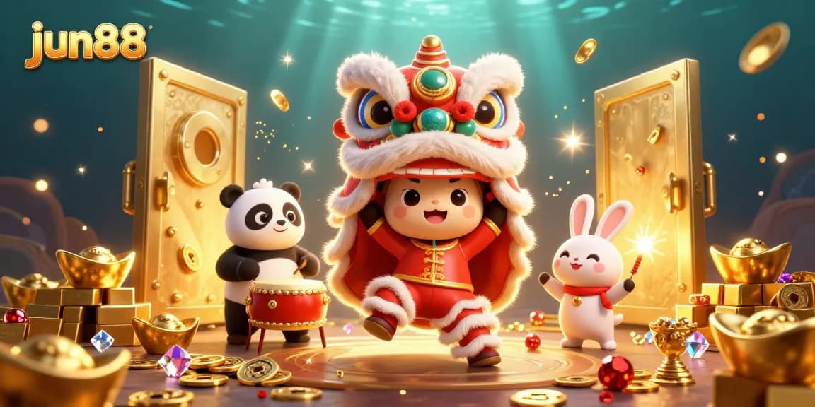 Experience thrilling wins at jun88 with captivating lion dance characters amidst a treasure-filled casino.