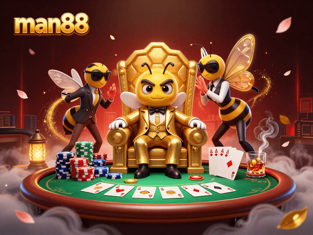 Experience the thrill of man88 with vibrant casino action featuring a bumblebee mob boss and poker elements.