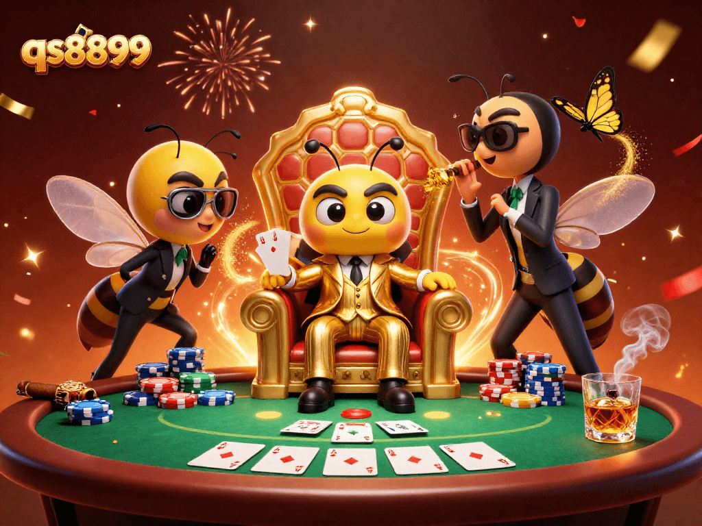 Experience the excitement of qs8899 with a colorful casino scene featuring cartoon characters and poker elements.