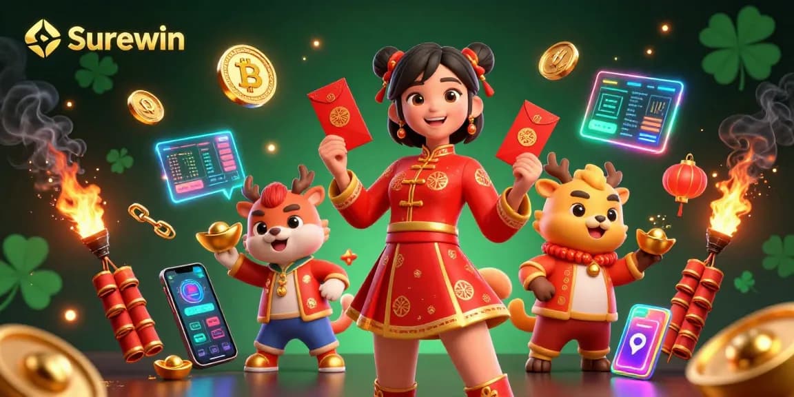 Experience the thrill of gambling at Surewin with vibrant 3D digital illustrations of festive celebrations and cryptocurrency integration.