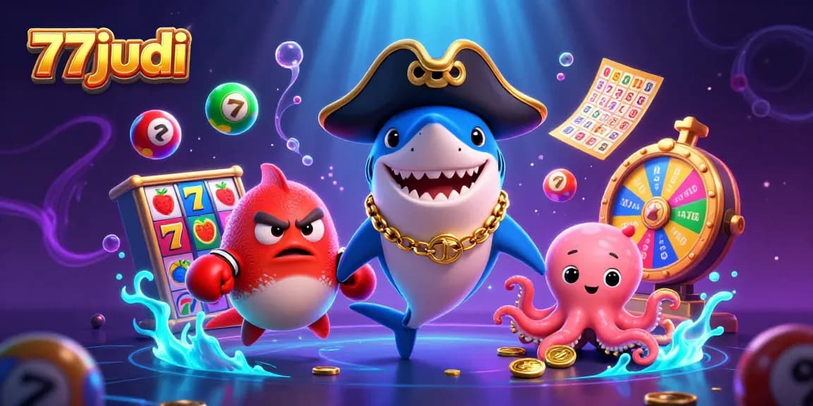 Join the excitement at 77judi with a vibrant scene showcasing animated characters and thrilling gameplay elements.