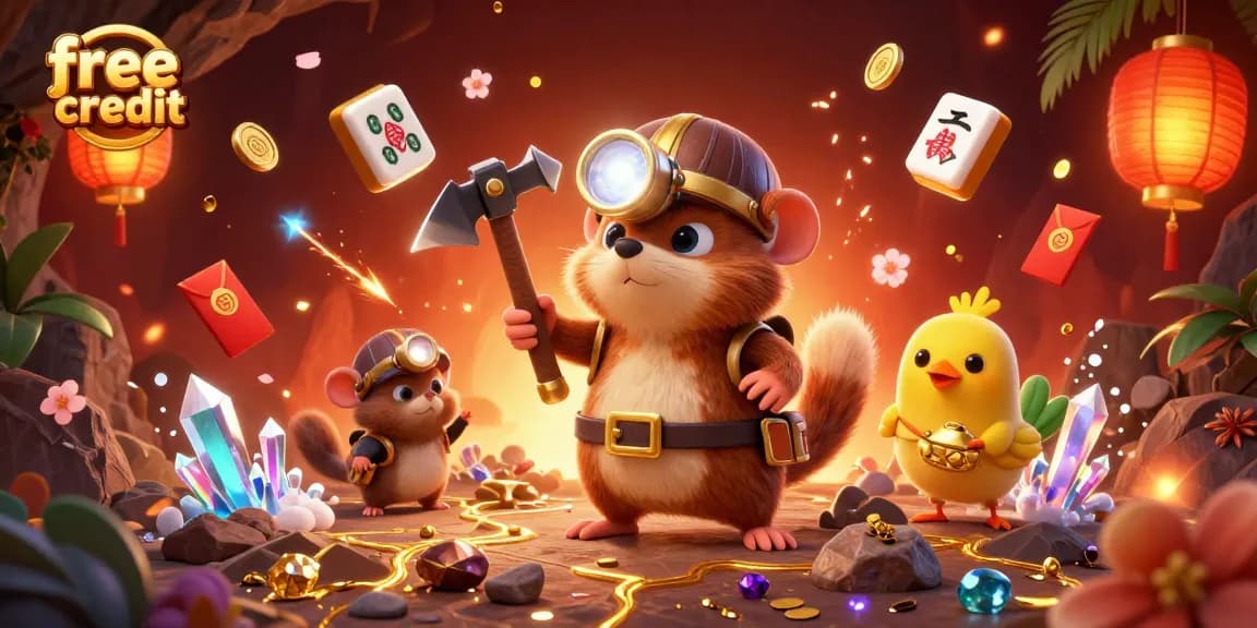 Experience free credit for exciting casino gameplay in a vibrant, treasure-filled scene.