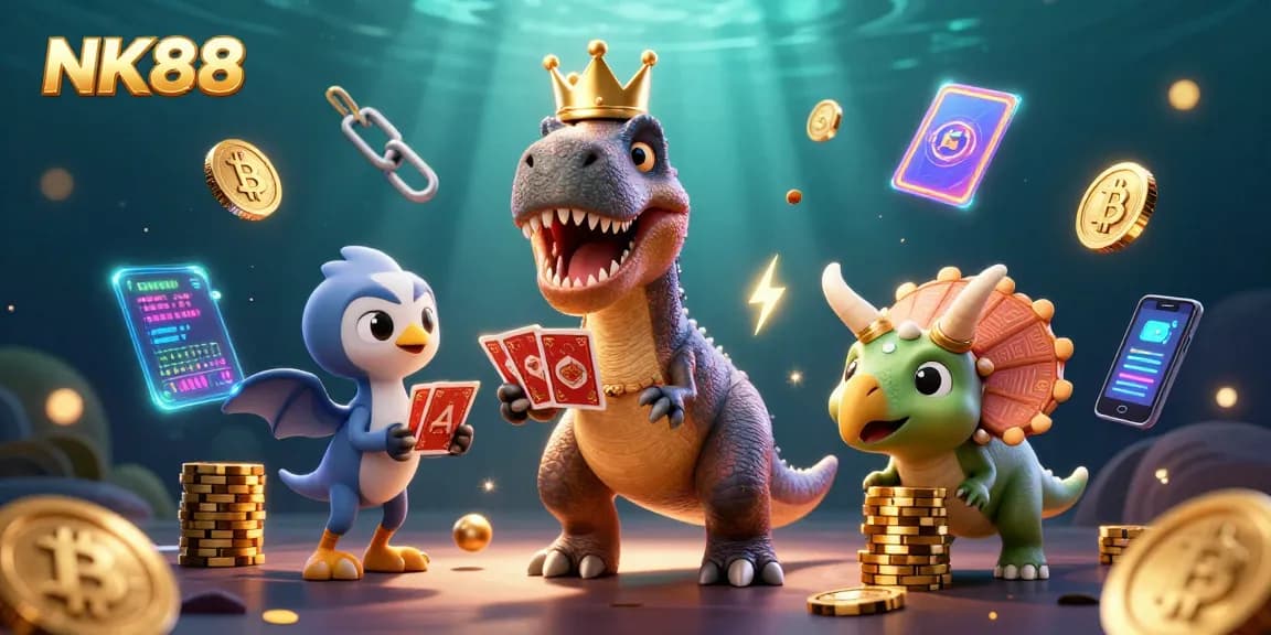 Engage with NK88's lively casino scene featuring a T-Rex shuffling cards and a pterodactyl assisting amidst sparkling gaming elements.