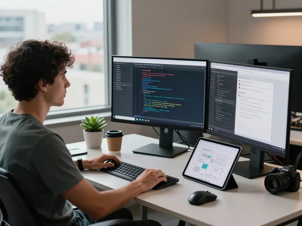 Clawd bot workspace featuring developer coding in a modern office with Clawdbot interface on screens.