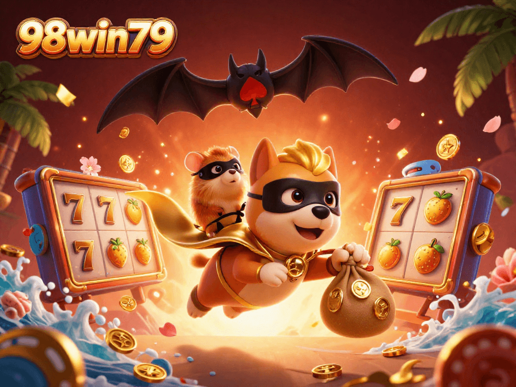 Engage in thrilling entertainment at 98win79 with a vibrant casino-themed illustration of a superhero dog!