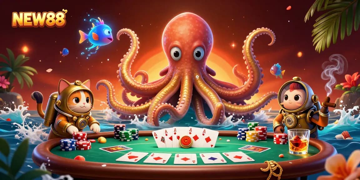 Experience the thrill of NEW88 with a 3D casino scene featuring a kraken and poker elements.
