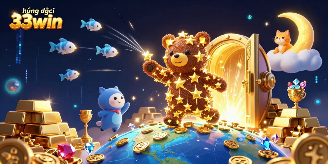 Engage with the exciting world of hướng dẫn 33win through this vibrant casino-themed illustration featuring a constellation bear and treasure elements.