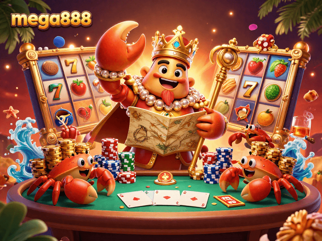 Mega888 menawarkan pengalaman permainan mengujakan dengan simbol slot berwarna-warni dan scepter raja, memikat pemain.