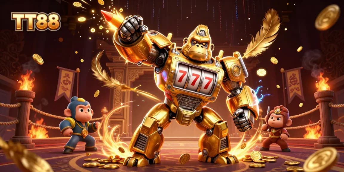 Engage with TT88's thrilling gaming experience featuring a golden gorilla mech and dynamic casino elements.