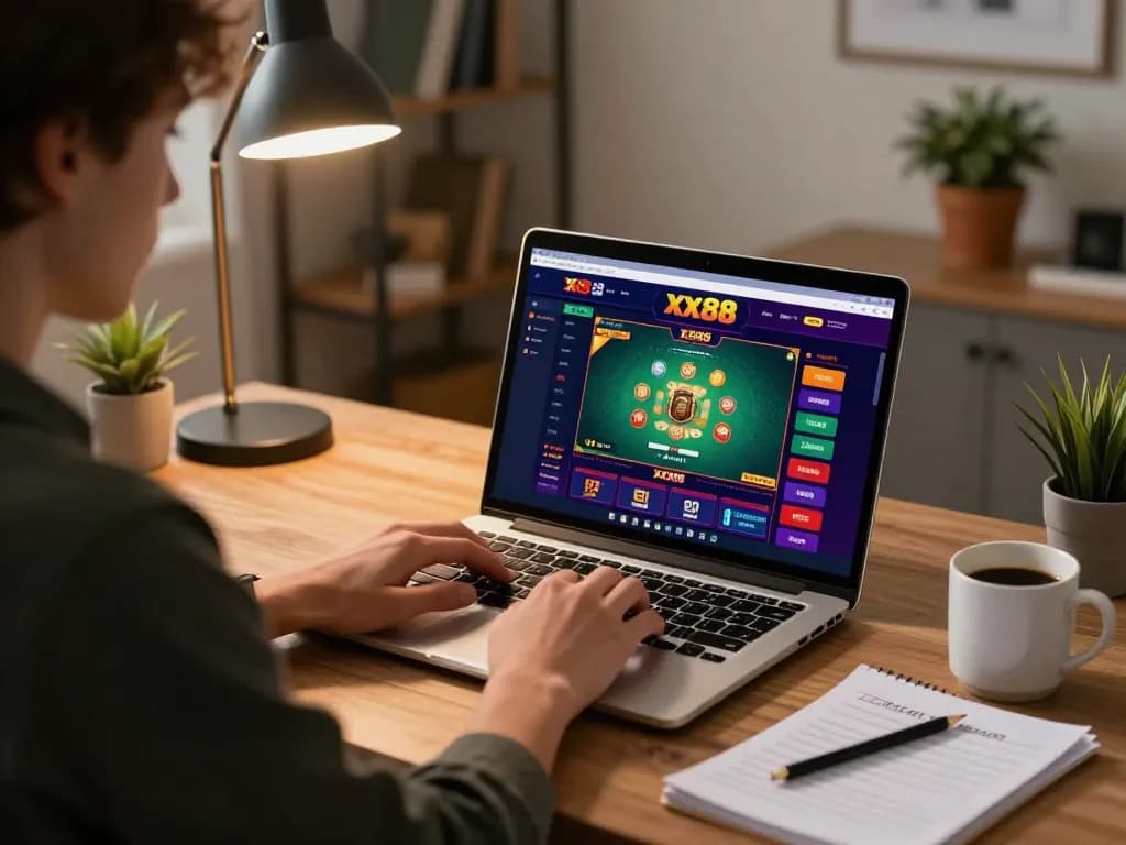Player enjoying an intense xx88 gaming session at a modern home desk, showcasing strategy and focus.