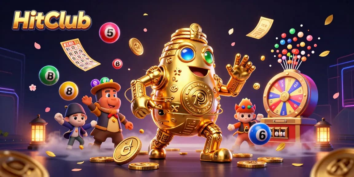 HitClub showcases a dynamic casino scene with a golden golem and vibrant lottery elements.