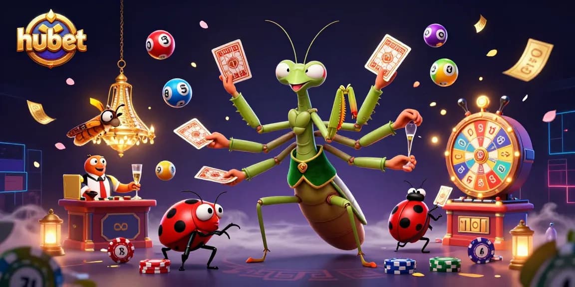 Engage in thrilling gaming actions at hubet with colorful lottery balls, a lively mantis dealer, and vibrant casino elements.