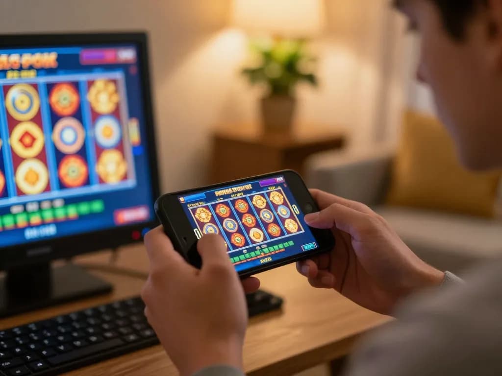 Engaging smartphone gameplay featuring Pragmaticplay slots during an online casino night at home.