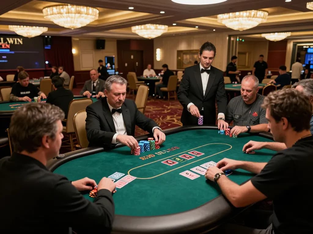 LLWIN casino players engaging in an intense poker game with professional dealer managing the table's excitement.