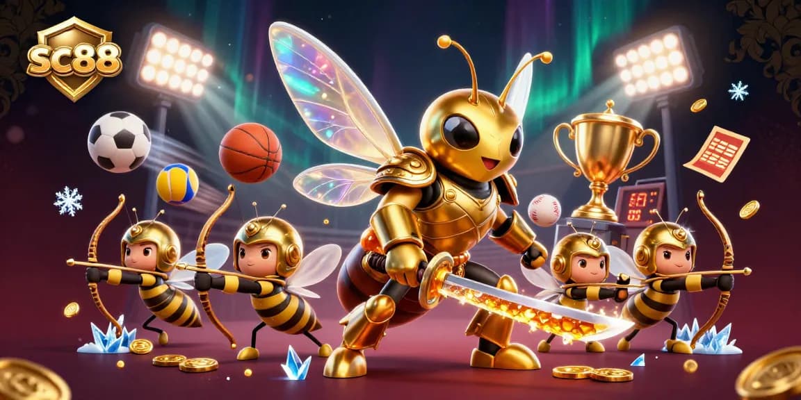 Engage with dynamic sports betting action at sc88, featuring a cartoon hornet and golden trophy cup.