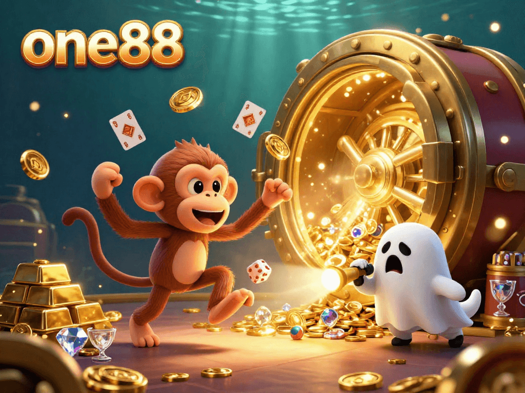 Engage with dynamic casino fun at one88 featuring a mischievous monkey and a curious puppy in a vibrant scene.