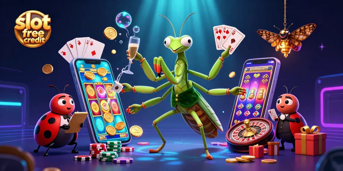 Engage with slot free credit promotions, featuring a vibrant 3D casino scene with playful characters and casino elements.
