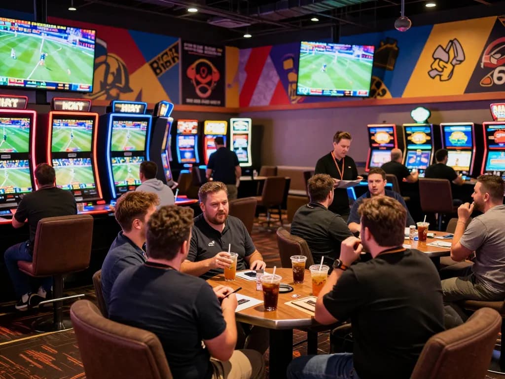 Engaged fans analyzing keo nha cai odds in a lively sports betting lounge