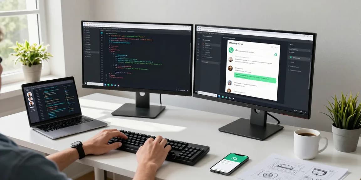 Developer engaging with WhatsApp網頁版 on dual monitors in a modern workspace