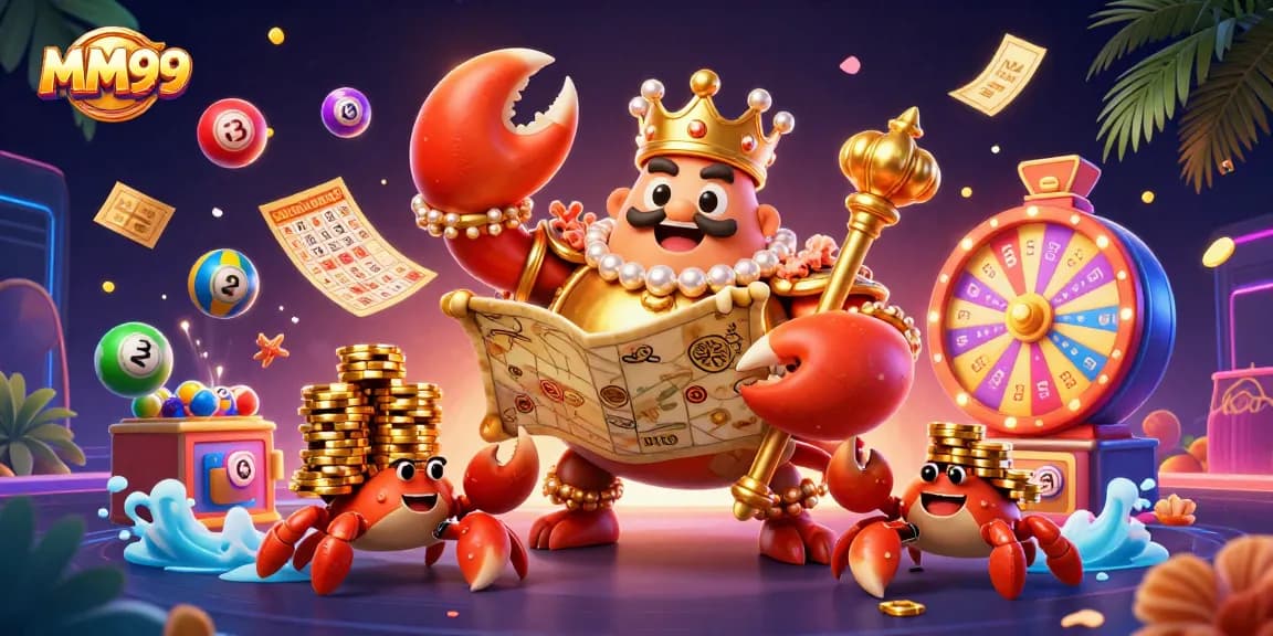 Experience MM99 excitement with a golden crab and vibrant lottery elements in a casino scene.