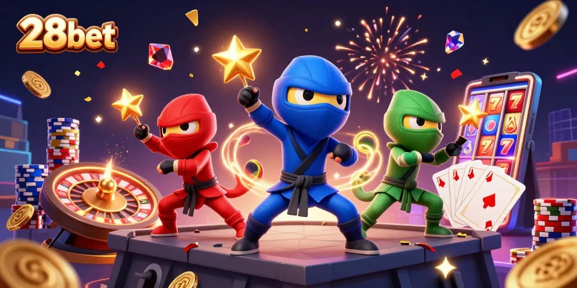 Engage with 28bet's vibrant casino experience through this dynamic 3D illustration of chameleons celebrating wins.