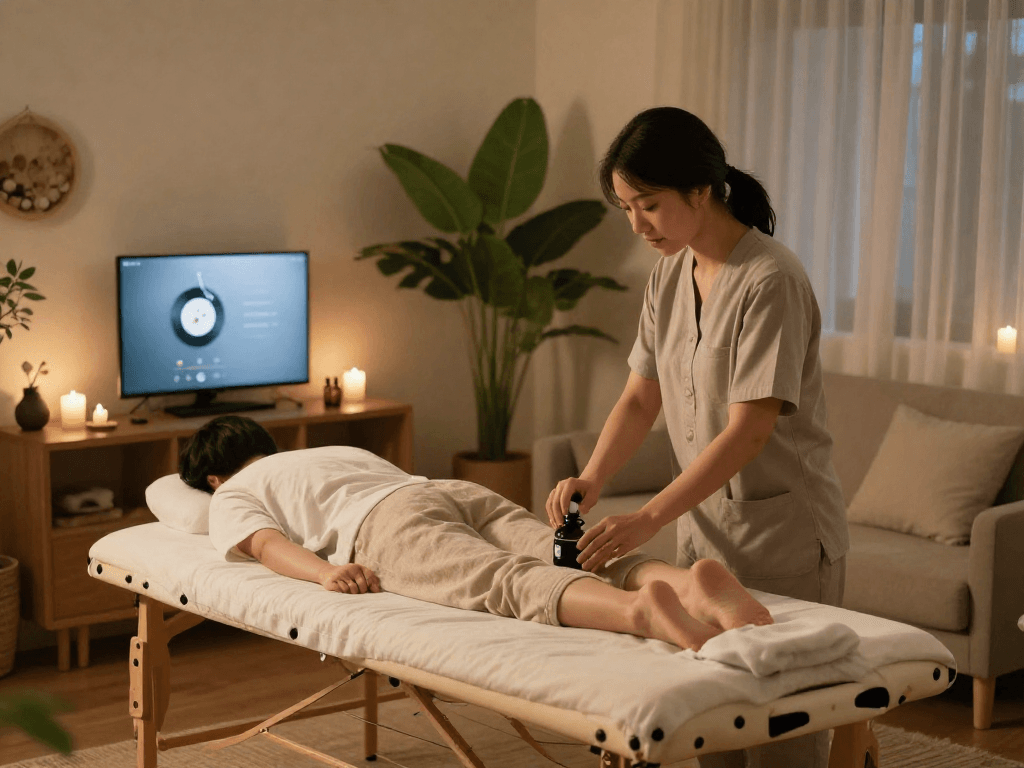 Experience premium 출장안마 in a tranquil home setting with a therapist preparing for a relaxing massage.
