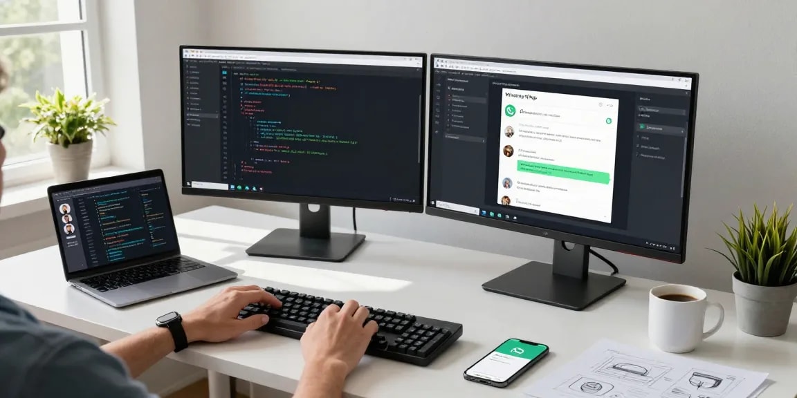 Developer engaging with WhatsApp網頁版 on dual monitors in a modern workspace