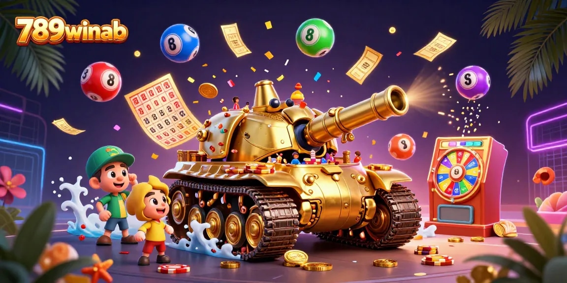 Engage in thrilling casino action with 789winab's vibrant, packed 3D illustration showcasing exciting games and dynamic elements.