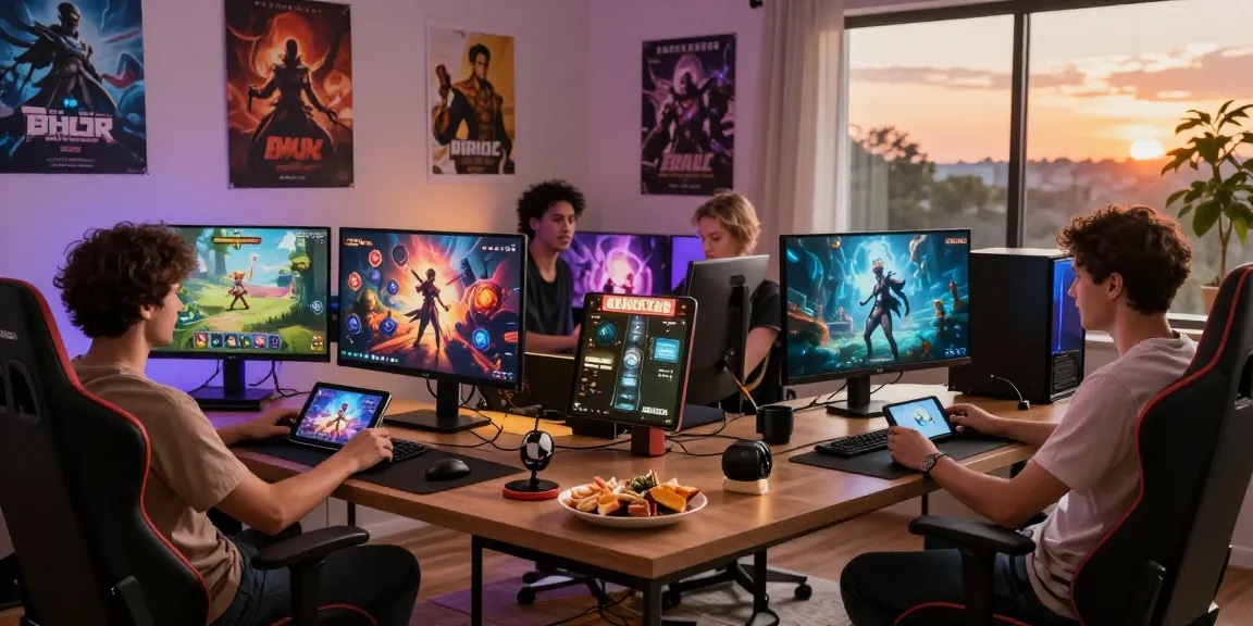 Engaging scene of adults playing immersive adult games on various devices in a cozy gaming room.
