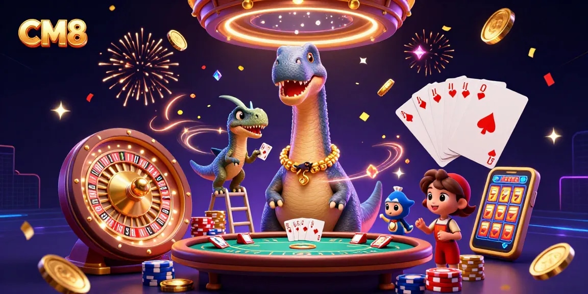 Spin and win with CM8's vibrant casino theme featuring a brontosaurus and raptor!