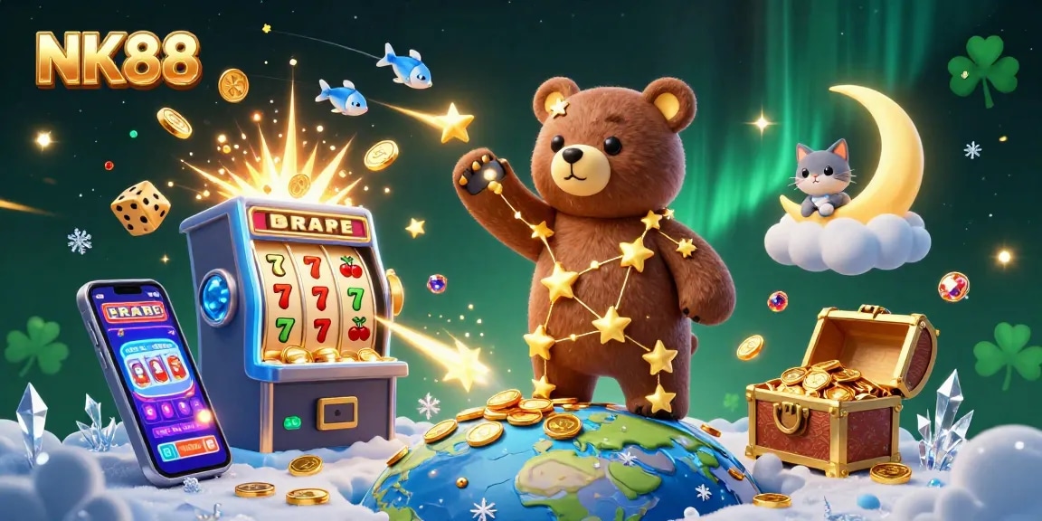 Experience the vibrant world of NK88 with exciting games and bonuses in a colorful casino illustration.