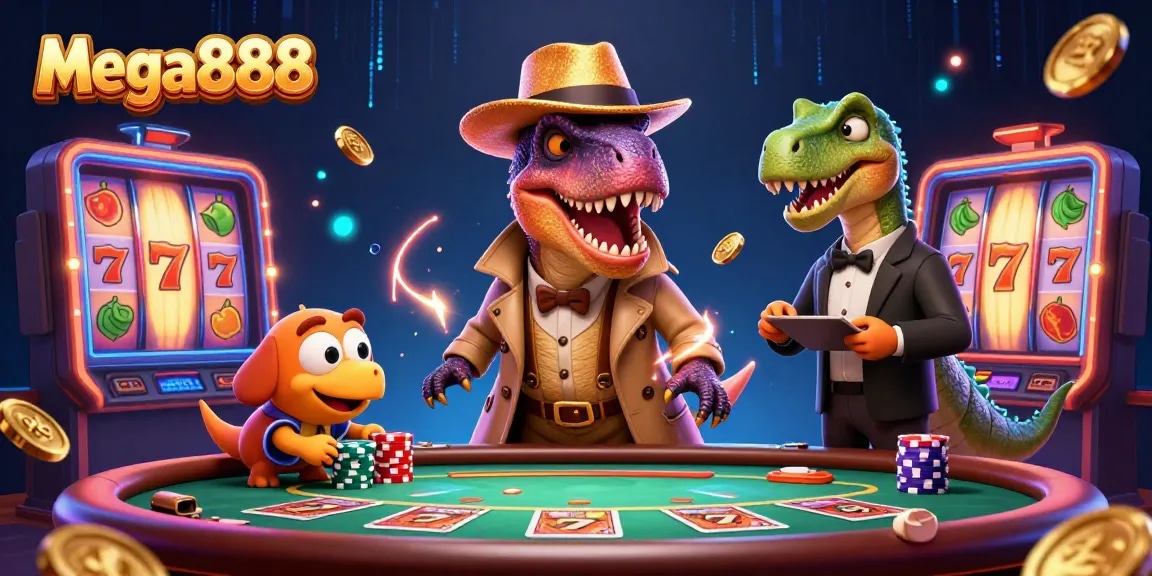 Mega888 menampilkan raptor klasik menyamar di meja blackjack, dikelilingi slot dan elemen kasino.