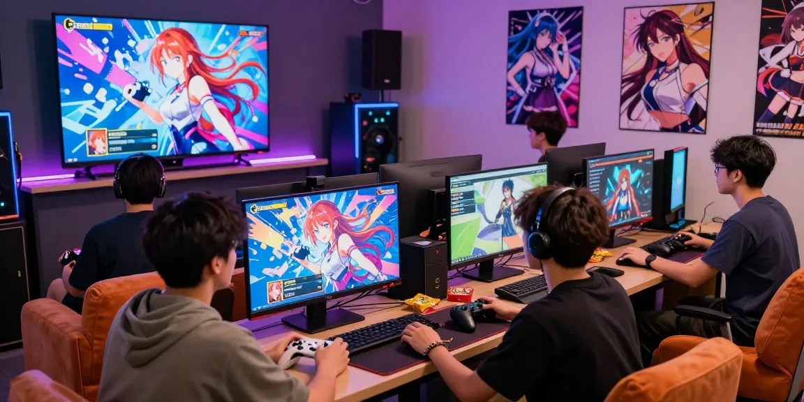 Players enjoying an ecchi game in a lively gaming lounge atmosphere with vibrant character art.