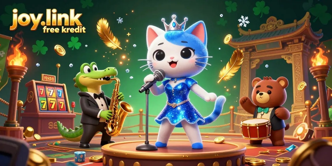Experience joy.link free kredit with a lively jazz casino scene featuring a singing cat, saxophone crocodile, and drum-playing bear.
