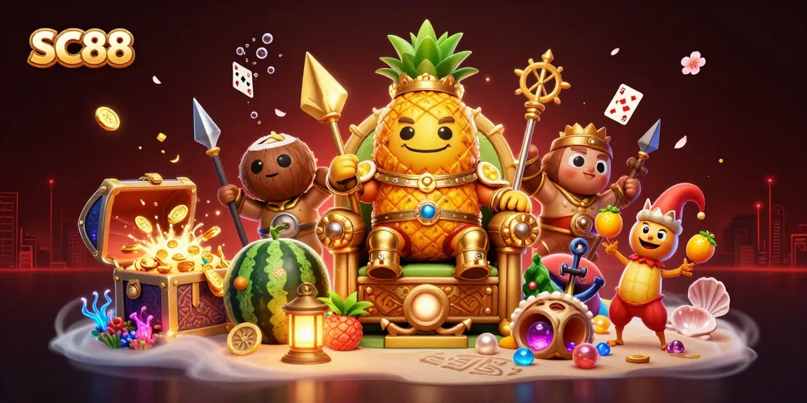 Win jackpots at SC88 with a vibrant beach casino scene featuring a golden king and tropical elements.