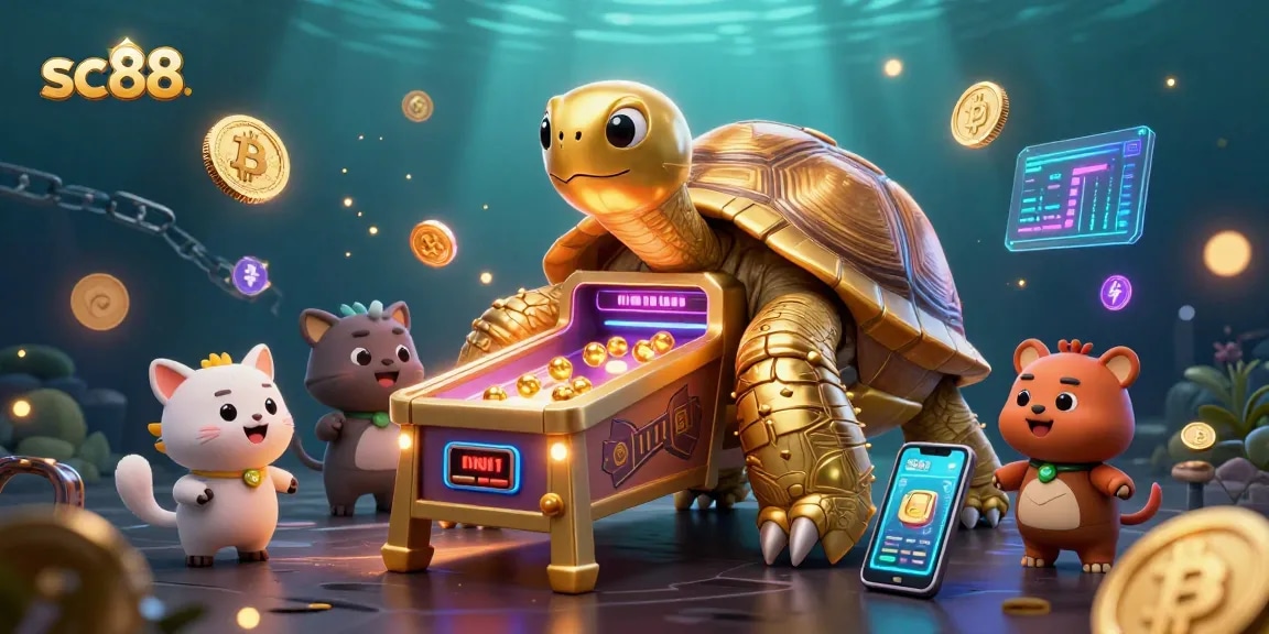 sc88 offers bright visuals with a tortoise pinball machine and crypto coins representing online gaming.