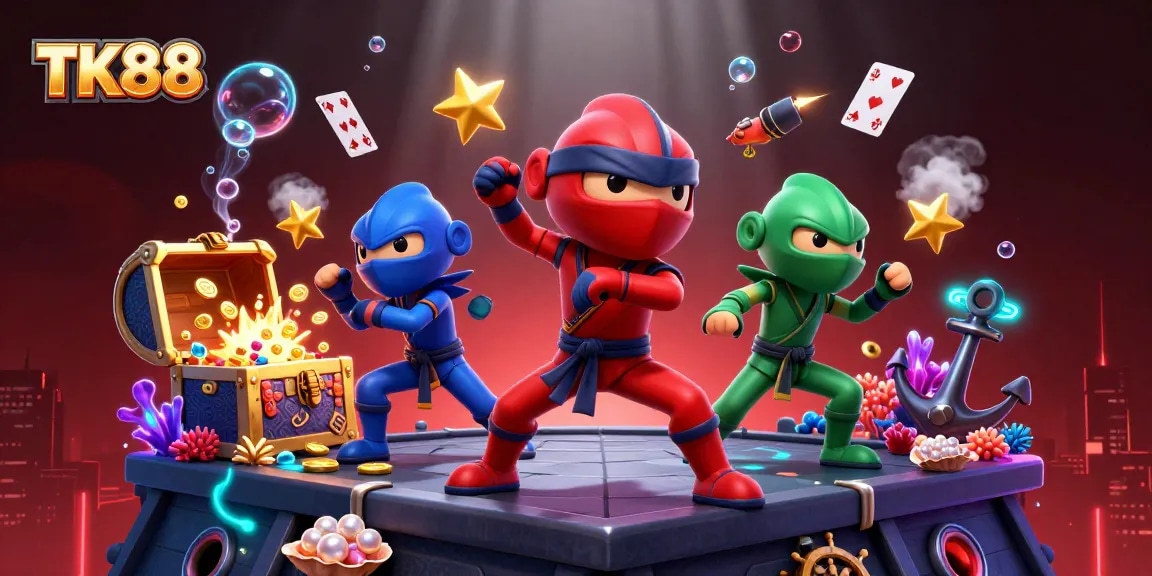 TK88 offers thrilling gaming experiences with ninja chameleons showcasing their skills amidst a vibrant casino environment.