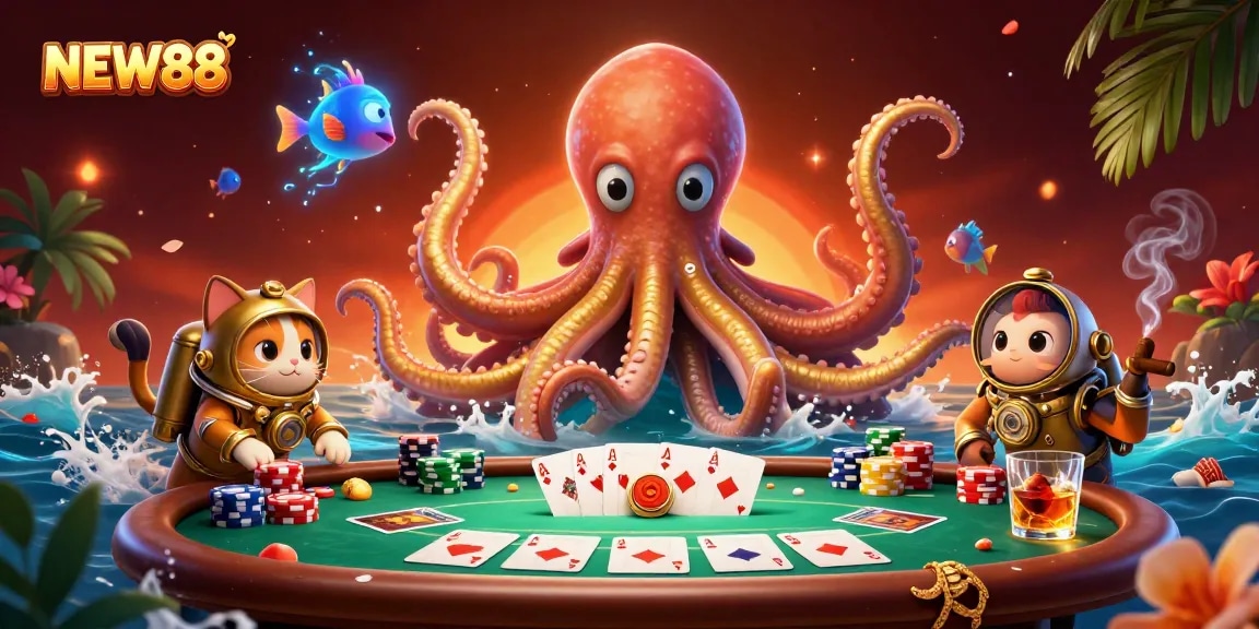 Experience the thrill of NEW88 with a 3D casino scene featuring a kraken and poker elements.