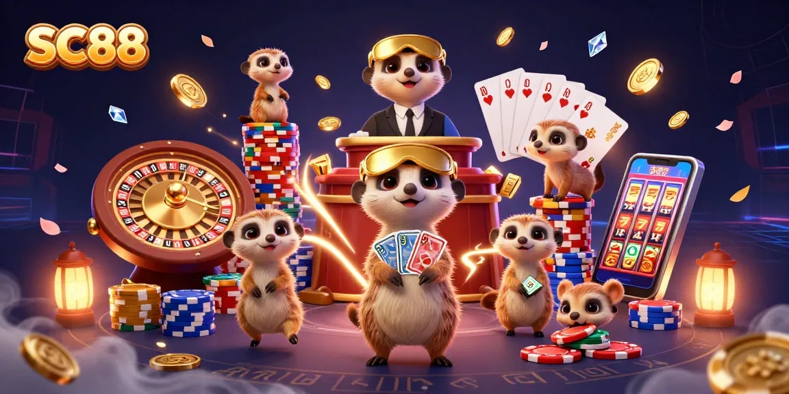 SC88 an innovative online casino illustration featuring meerkats managing a casino, surrounded by exciting gaming elements.
