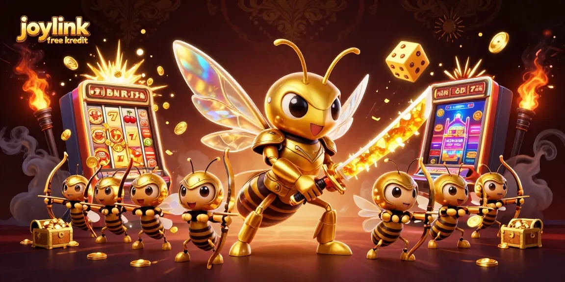 Experience joylink free kredit through vibrant casino-themed action illustrated with golden characters and dynamic game elements.