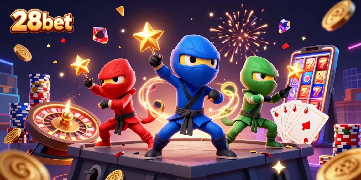 Engage with 28bet's vibrant casino experience through this dynamic 3D illustration of chameleons celebrating wins.