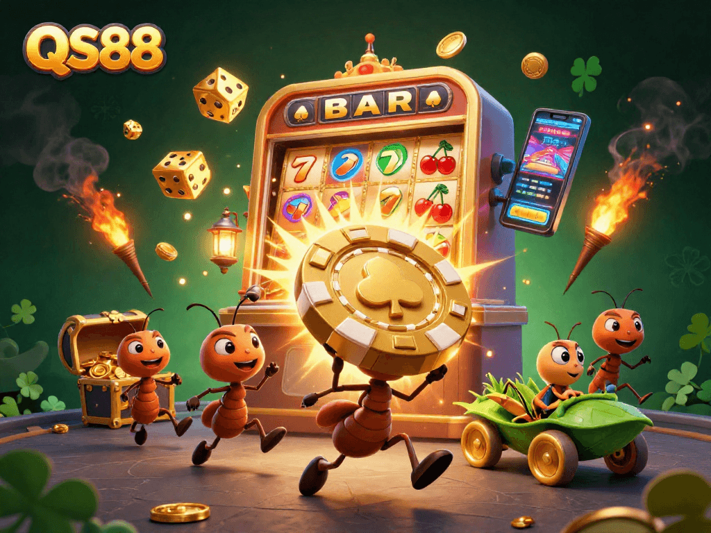Experience thrilling gameplay at QS88 with a heist by cartoon ants and a vibrant casino backdrop.