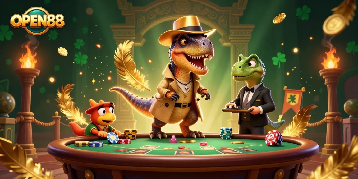 OPEN88 casino scene featuring cartoon dinosaur characters at a blackjack table, with chips and vibrant elements.