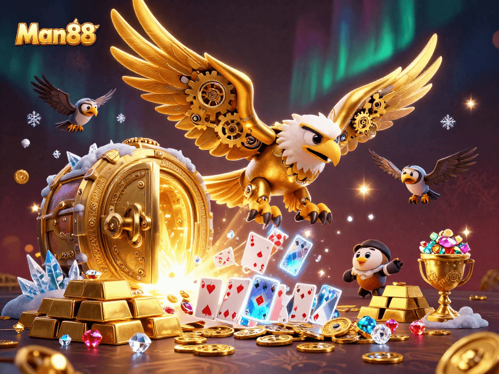Experience big wins at Man88 with a dynamic 3D illustration of a golden eagle soaring through a cascade of playing cards.