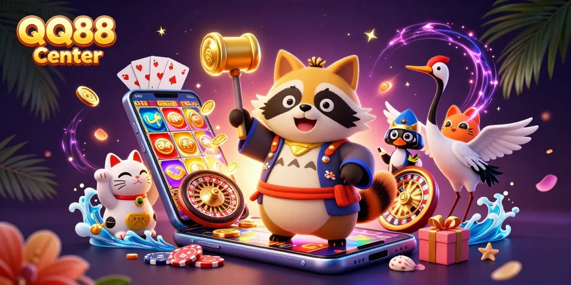 Experience the vibrant gaming world at QQ88 Center with a cheerful tanuki and lucky charms.