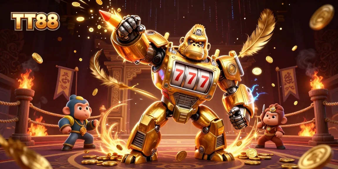 Engage with TT88's thrilling gaming experience featuring a golden gorilla mech and dynamic casino elements.